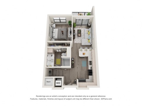 Floor plan for 1 bed, 1 bath, 590 sqft